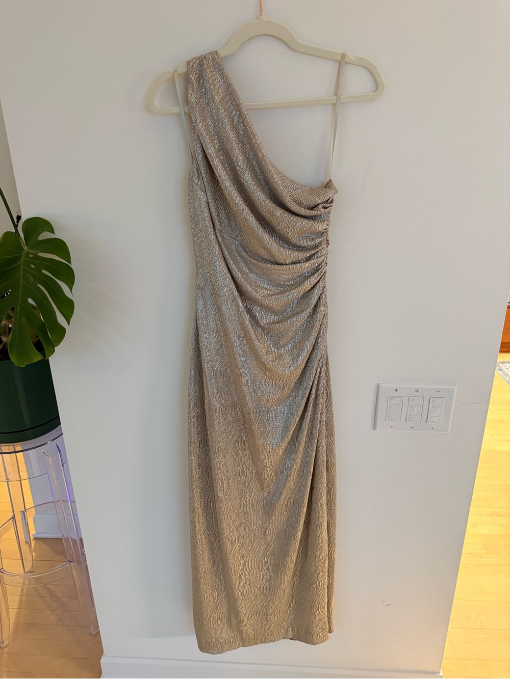 Ralph Lauren Evenings One-Shoulder Metallic Gold Evening Dress sz 6